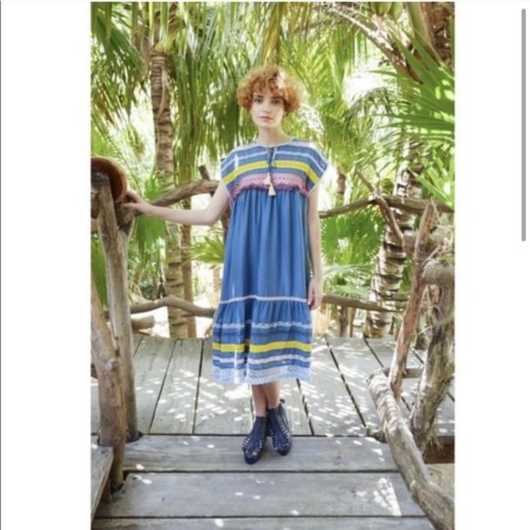 Free People Crochet Lace Boho Midi Dress Blue Pink - Picture 8 of 9